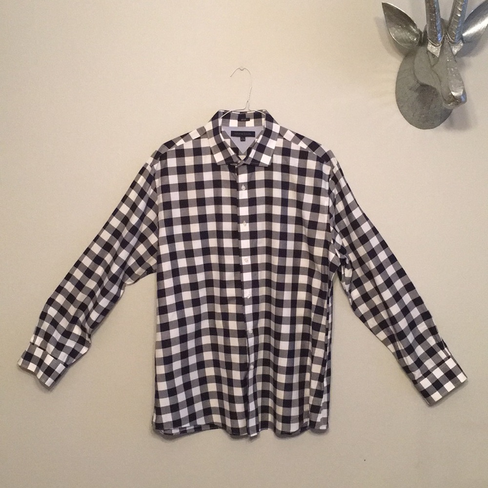 Tommy Hilfiger navy blue checkered dress shirt.